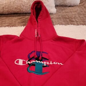 Champion/Supreme Vibrant Red Hoodie with Multicolor Logo